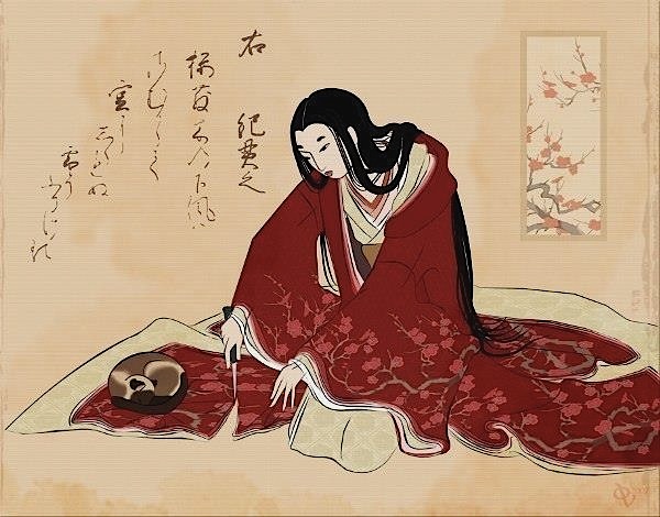 Η γυναίκα που κόβει το κιμονό της για να μην ξυπνήσει τη γάτα που κοιμάται πάνω.